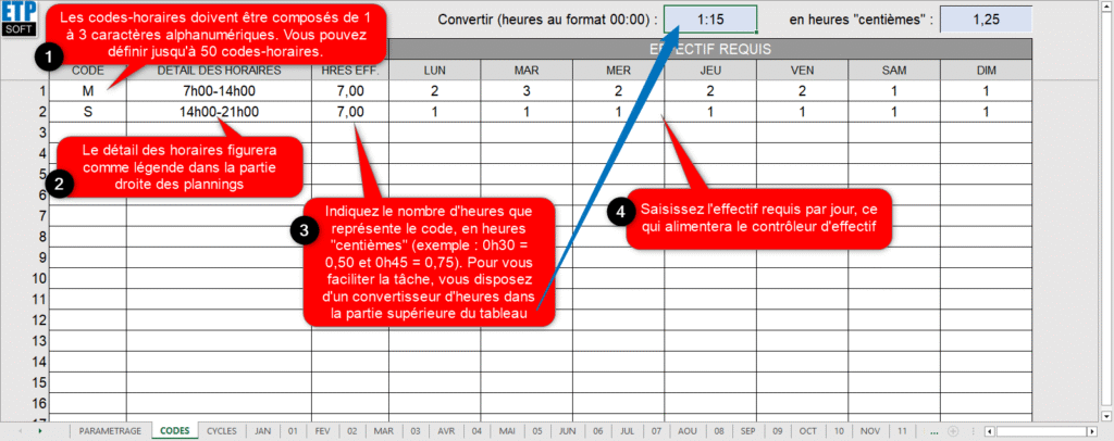 Definir les codes horaires